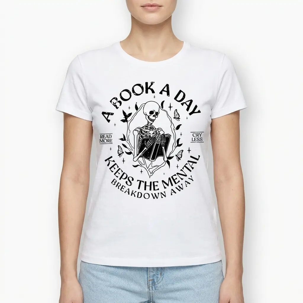 Detailed view of t-shirt with skeleton graphic.