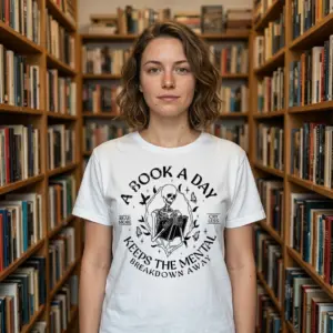 Funny Skeleton Reading Book Graphic T-Shirt 11 Person wearing t-shirt with skeleton reading a book design.