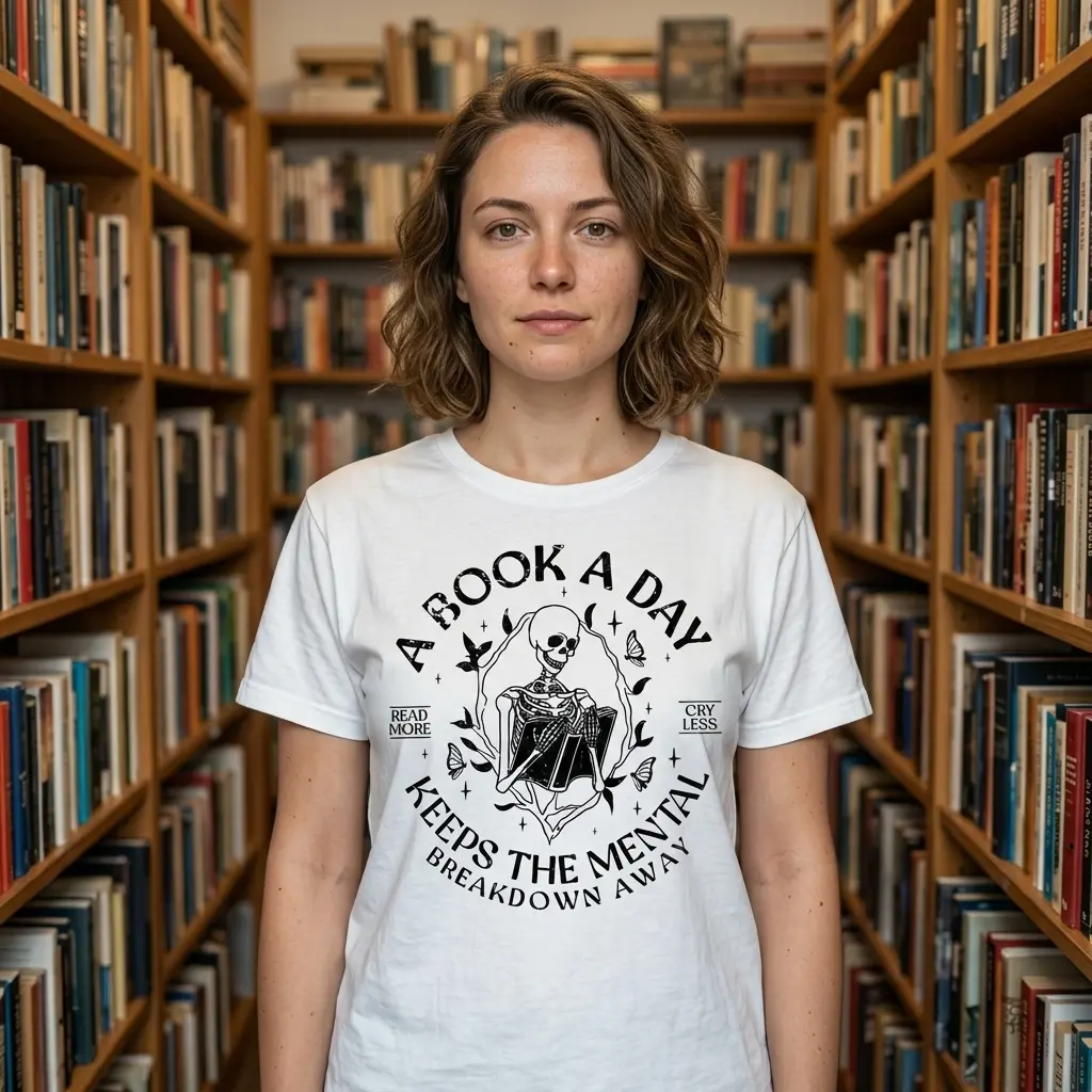 Person wearing t-shirt with skeleton reading a book design.