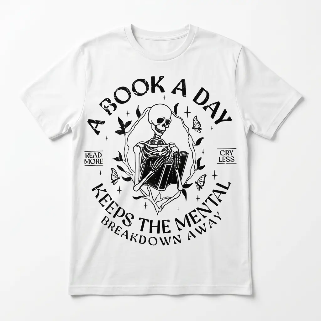 Skeleton reading book graphic on a t-shirt.