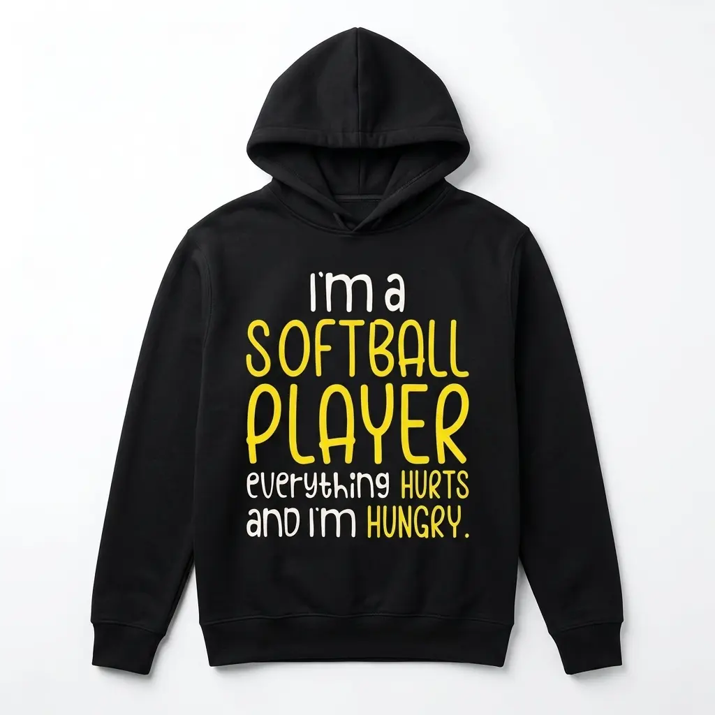 Front view of a black T-shirt featuring funny softball player slogan.