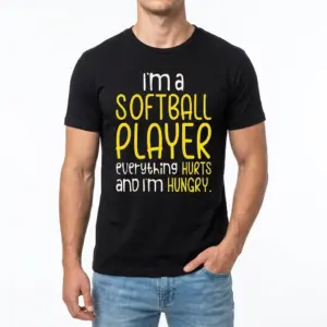 Funny Softball Player Everything Hurts T-Shirt 8 Close-up of humorous softball-themed T-shirt design on black fabric.