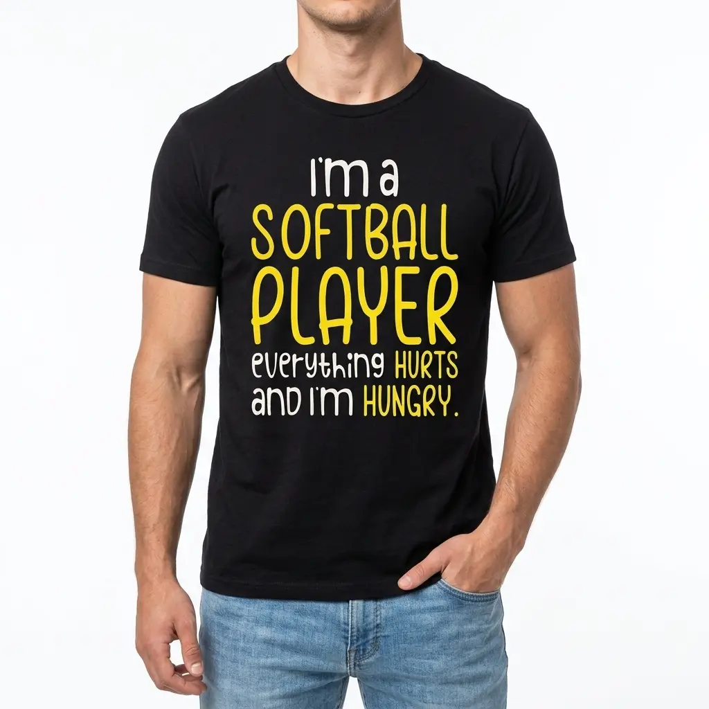 Close-up of humorous softball-themed T-shirt design on black fabric.