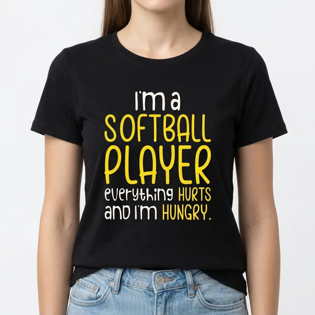 T-shirt displaying a softball player quote, shown in detail against a plain background.