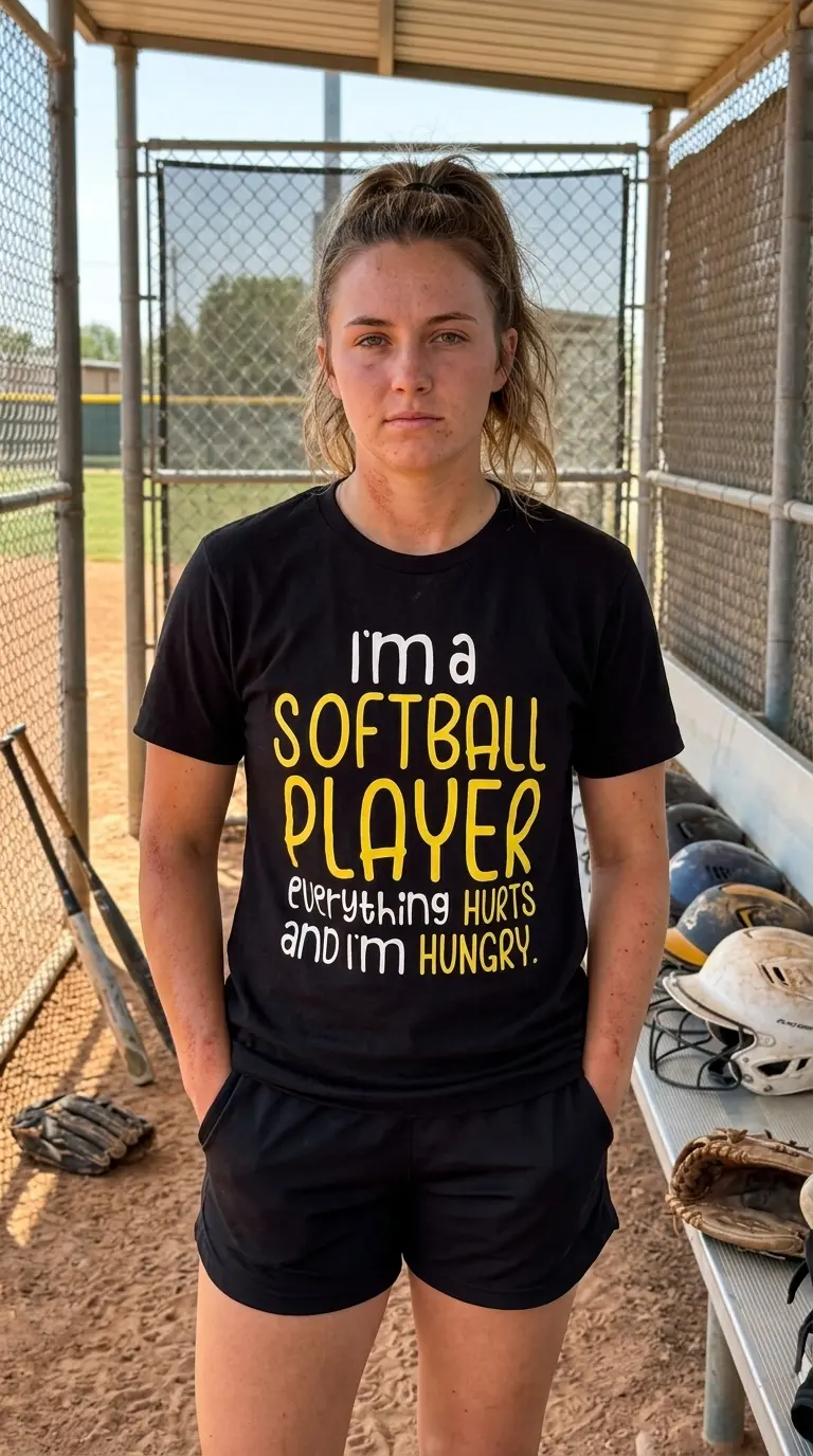 Person wearing the humorous softball player T-shirt in a casual setting.
