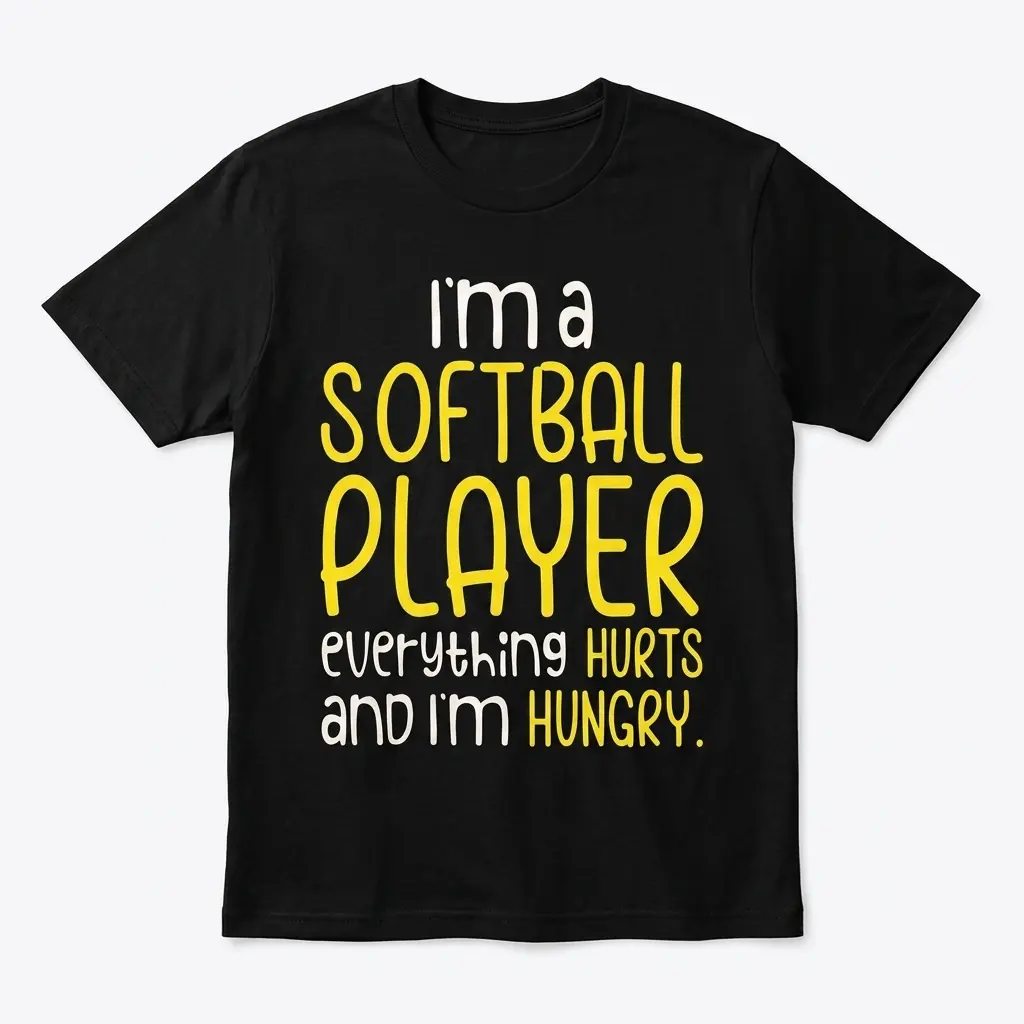Black T-shirt with the text 'I'm a softball player, everything hurts and I'm hungry' in yellow and white letters.