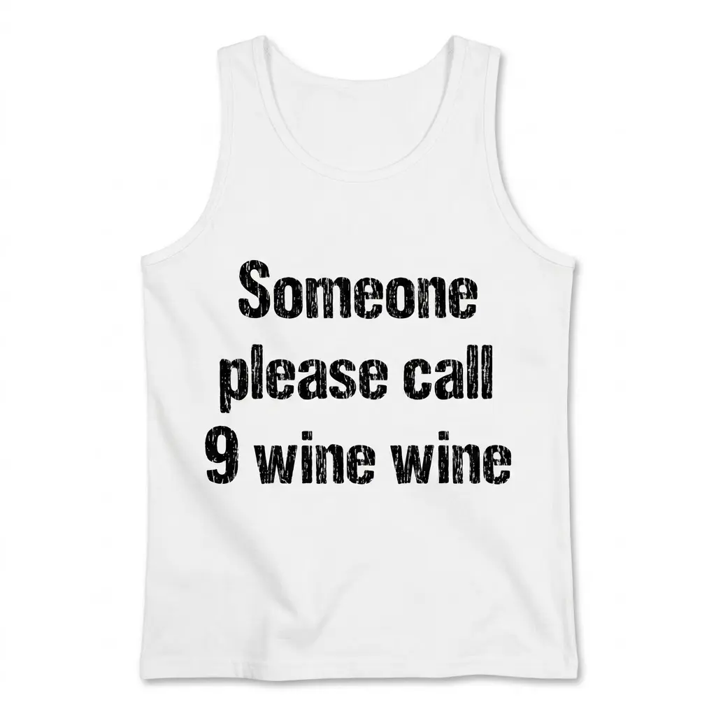 Sleeveless tank top laid flat displaying the funny distressed text Someone please call 9 wine wine on the chest.