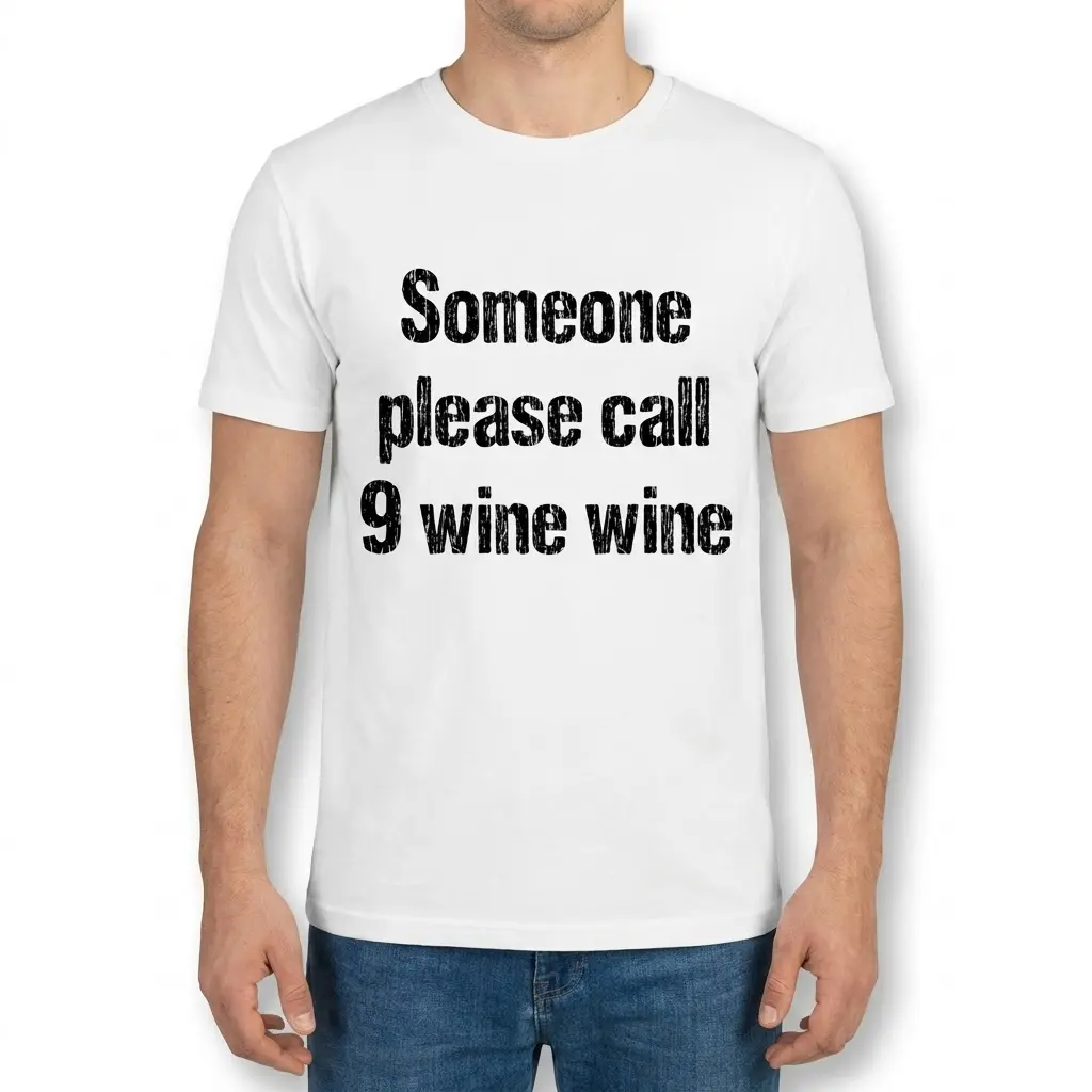 Front view of a male model wearing the call 9 wine wine shirt with bold text across the chest.