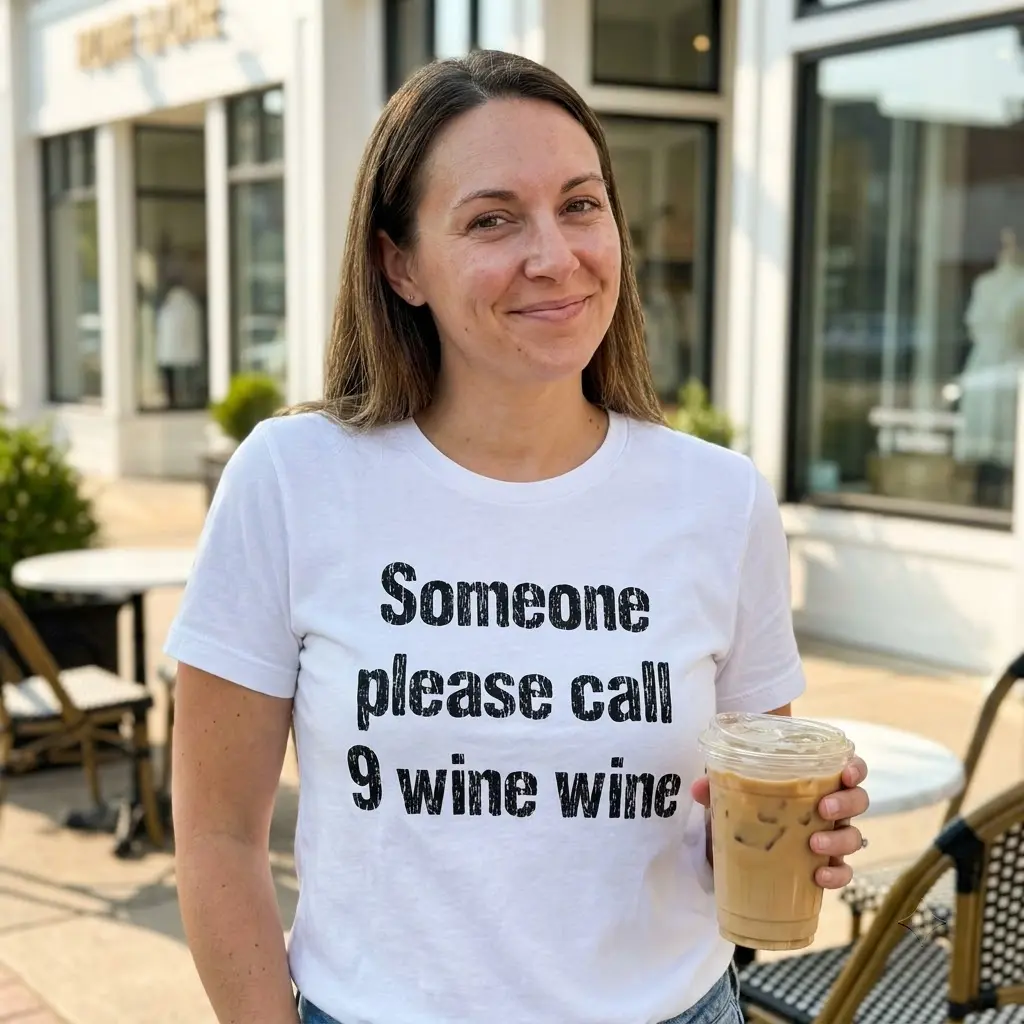 Lifestyle shot highlighting the funny call 9 wine wine graphic design on a casual garment.