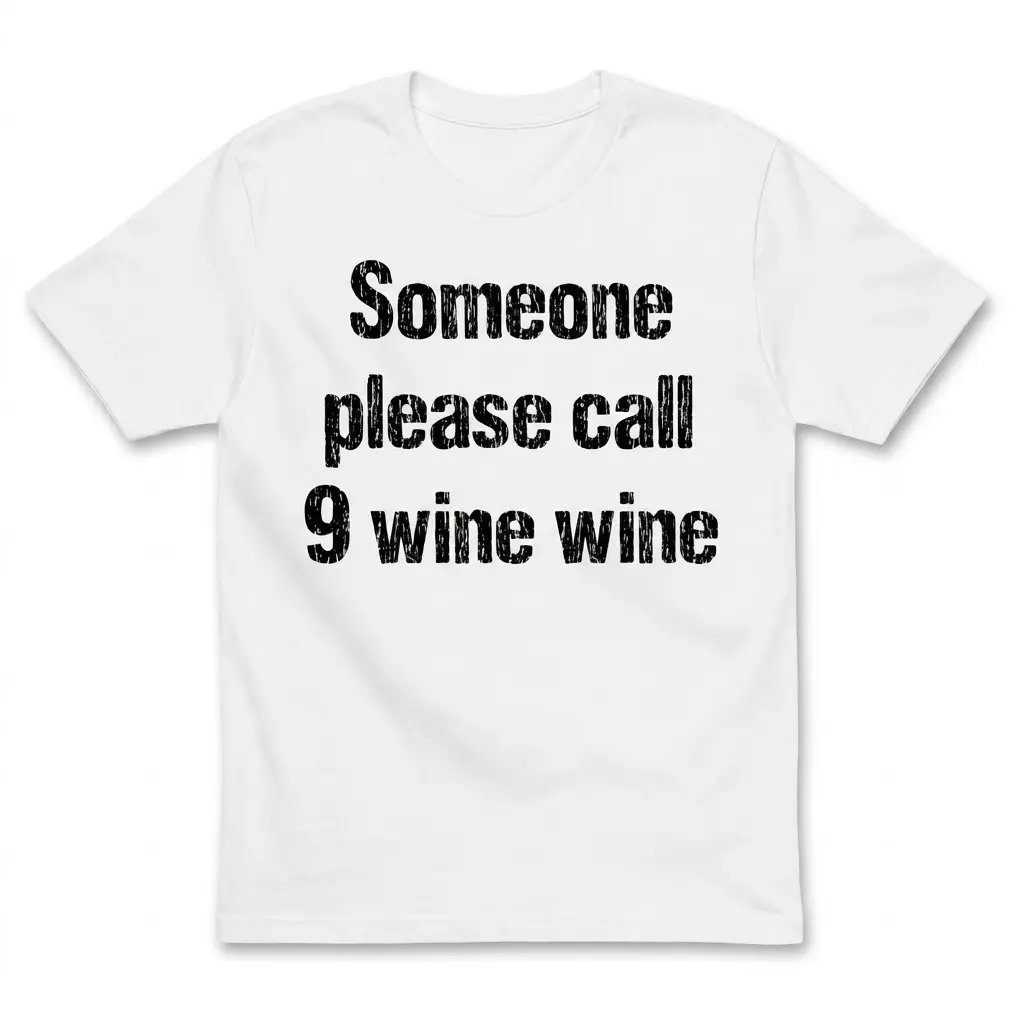 Flat lay of a white t-shirt featuring distressed black text reading Someone please call 9 wine wine across the front.