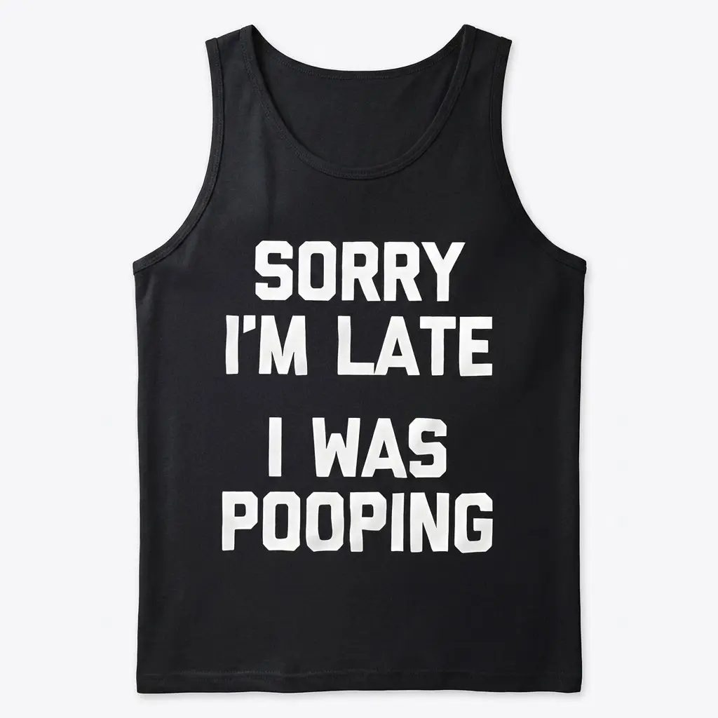 Funny Sorry Im Late I Was Pooping T-Shirt 3 Flat lay view of a tank top printed with the humorous text Sorry I'm Late I Was Pooping.