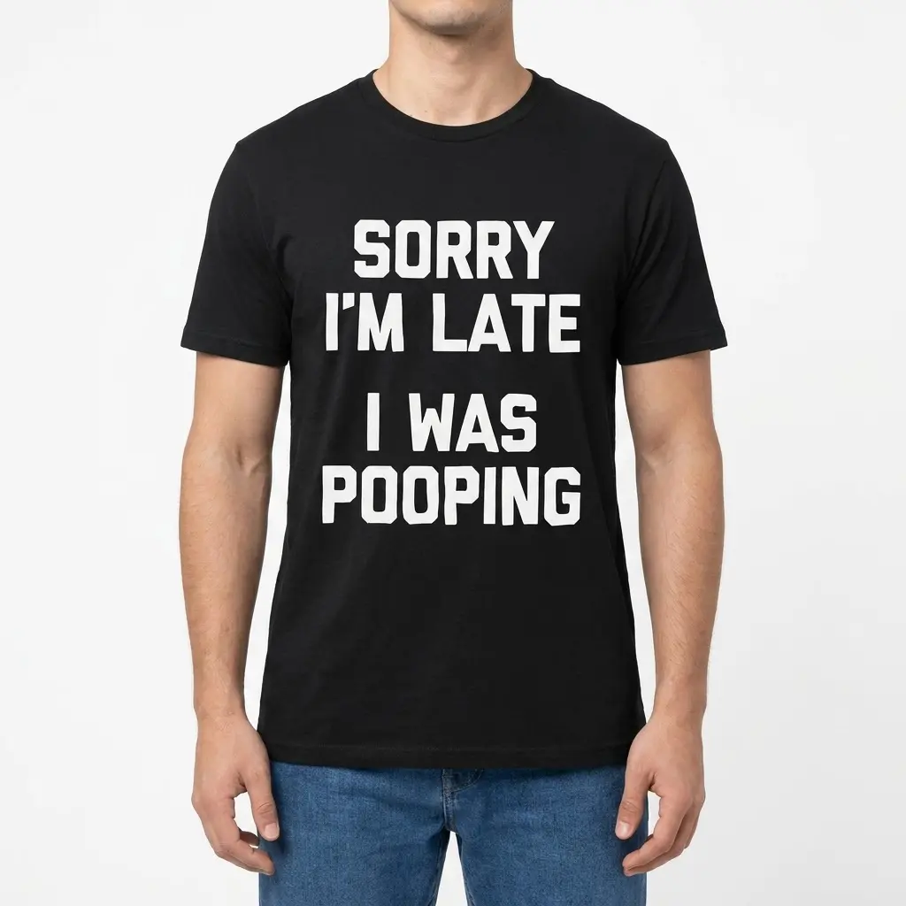 Funny Sorry Im Late I Was Pooping T-Shirt 4 Front view of a man wearing the black graphic tee printed with Sorry I'm Late I Was Pooping.