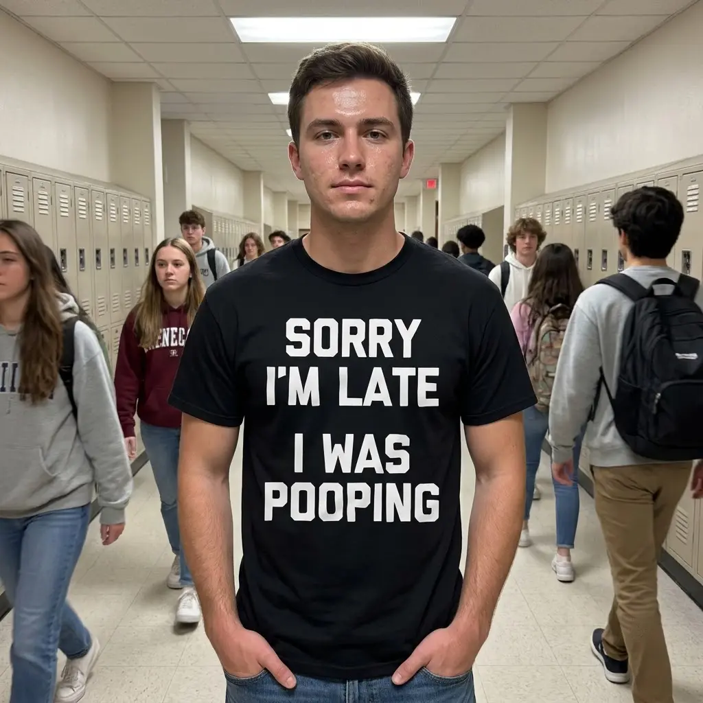 Funny Sorry Im Late I Was Pooping T-Shirt 5 Lifestyle presentation of the funny Sorry Im Late Shirt printed with bold text.