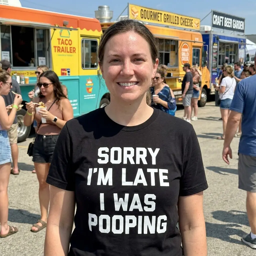 Funny Sorry Im Late I Was Pooping T-Shirt 6 Casual lifestyle setting showcasing the humorous Sorry I'm Late I Was Pooping graphic apparel.