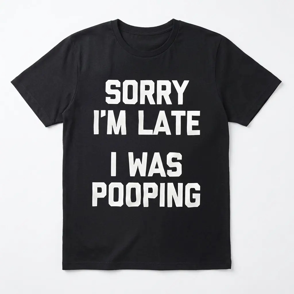 Funny Sorry Im Late I Was Pooping T-Shirt 1 Front flat lay of a black Sorry Im Late Shirt with white text reading Sorry I'm Late I Was Pooping.