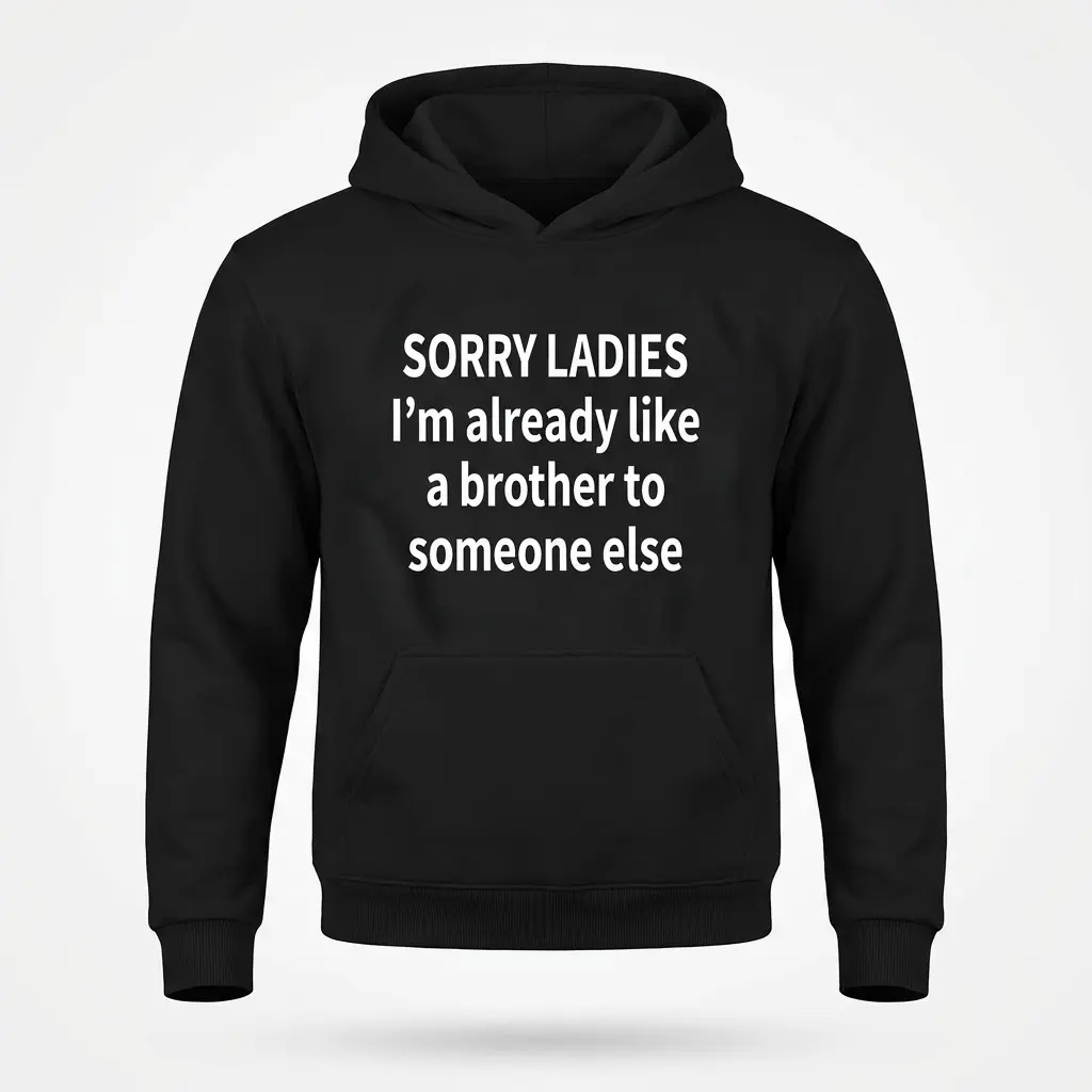 A black hoodie laid flat, showing the funny friendzone text 'SORRY LADIES I'm already like a brother to someone else' on the front.