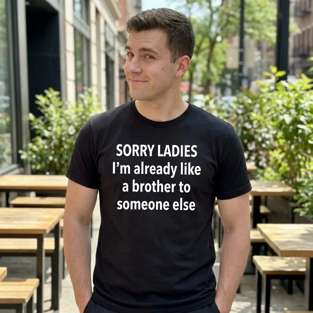 A young man casually wearing the black t-shirt with the humorous quote about being like a brother to someone else.