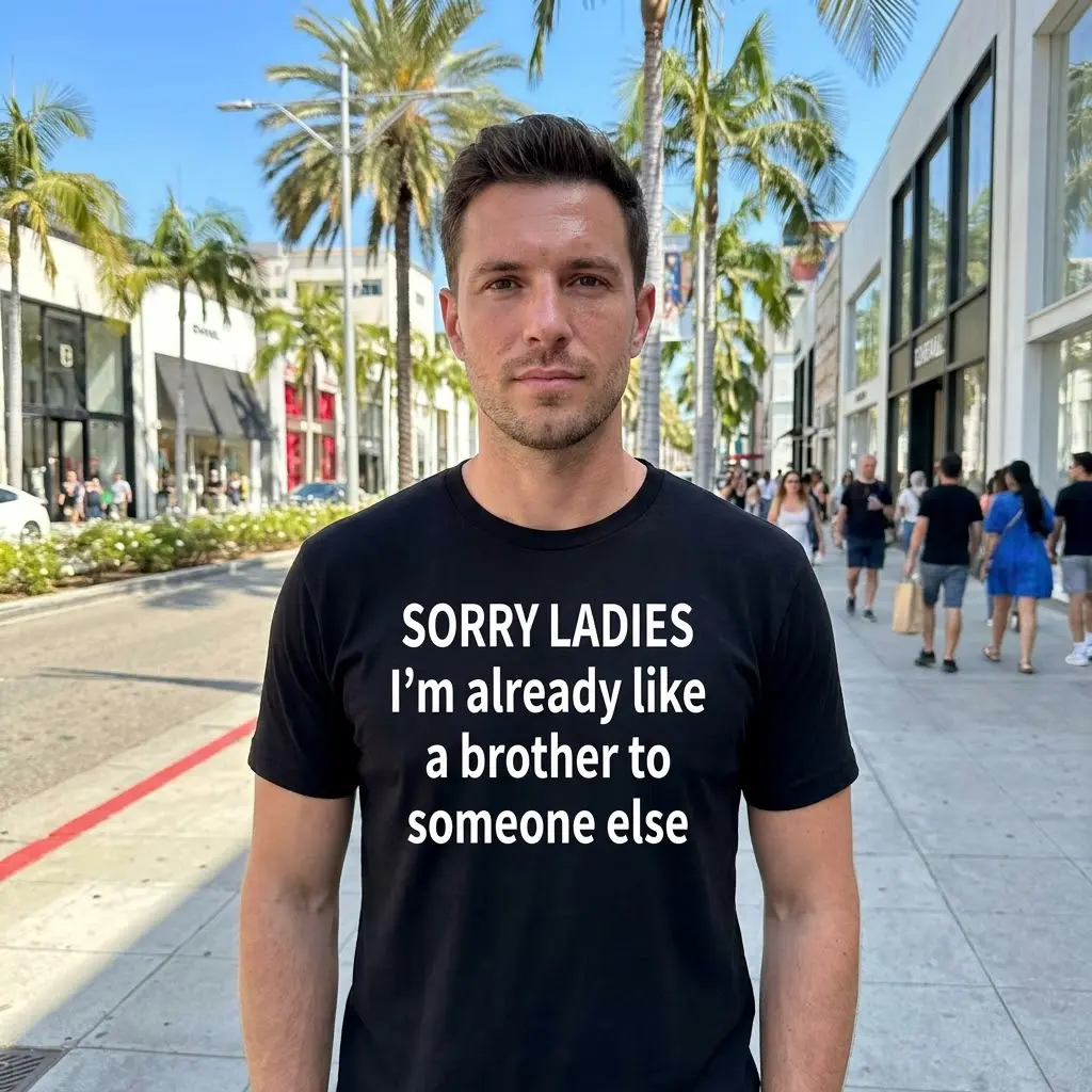 Close-up of the front design of the black t-shirt featuring the self-deprecating text 'SORRY LADIES I'm already like a brother to someone else'.