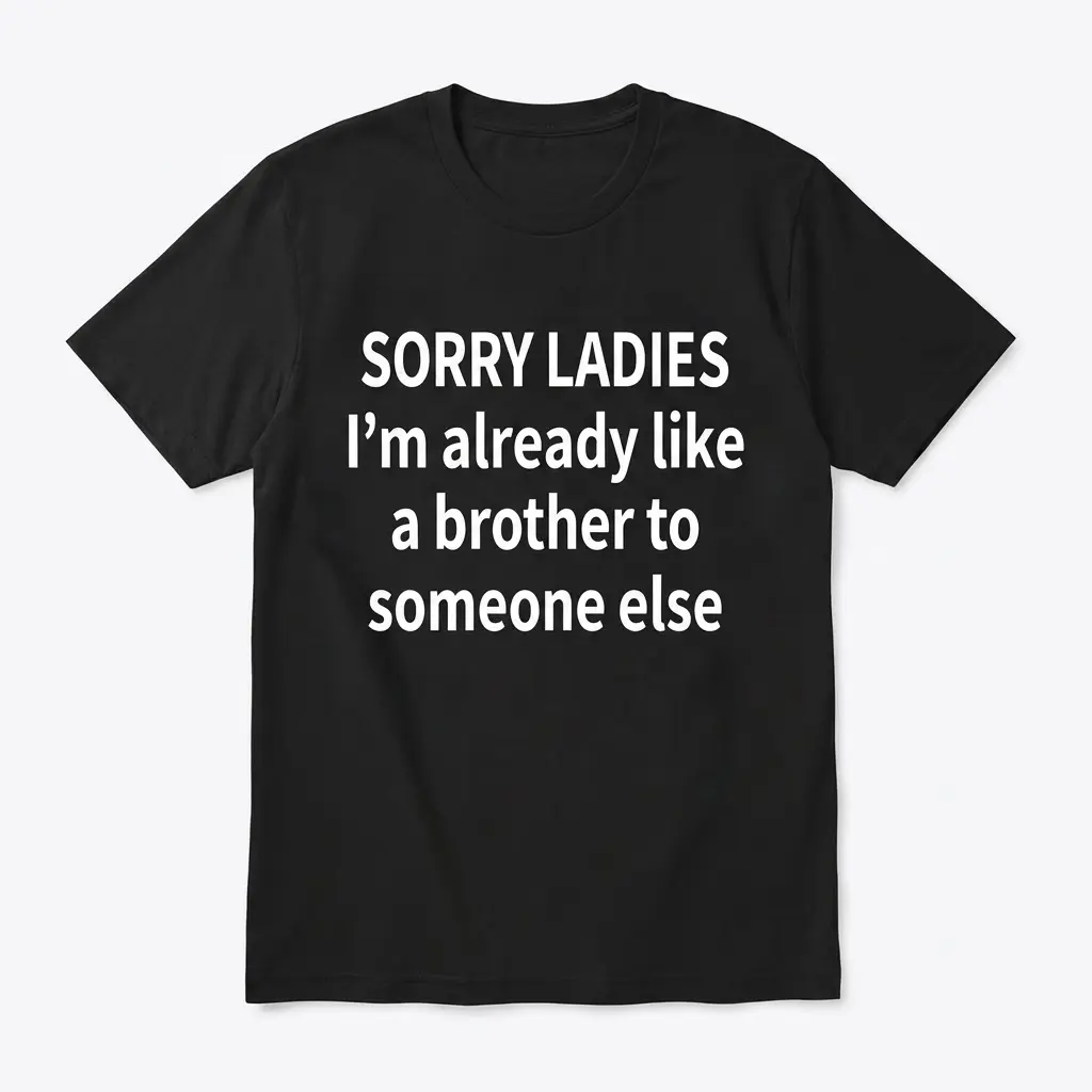 Flat lay of a black t-shirt printed with the white text 'SORRY LADIES I'm already like a brother to someone else'.