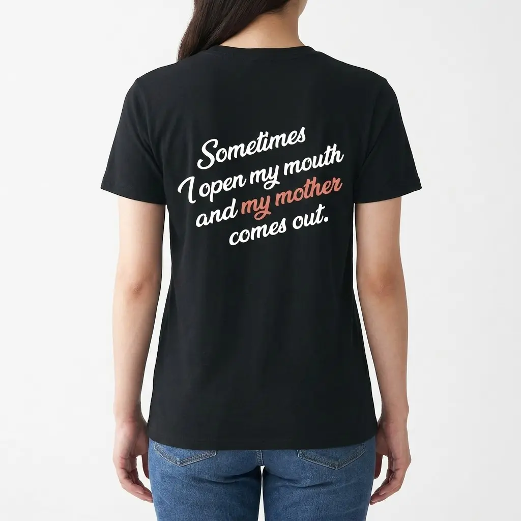 A woman seen from the back wearing the black t-shirt printed with the quote 'Sometimes I open my mouth and my mother comes out'.