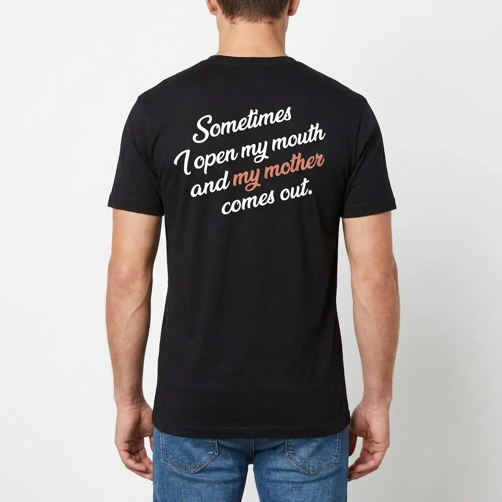 Back view of a man wearing the black shirt with the funny quote about accidentally sounding like your mother.