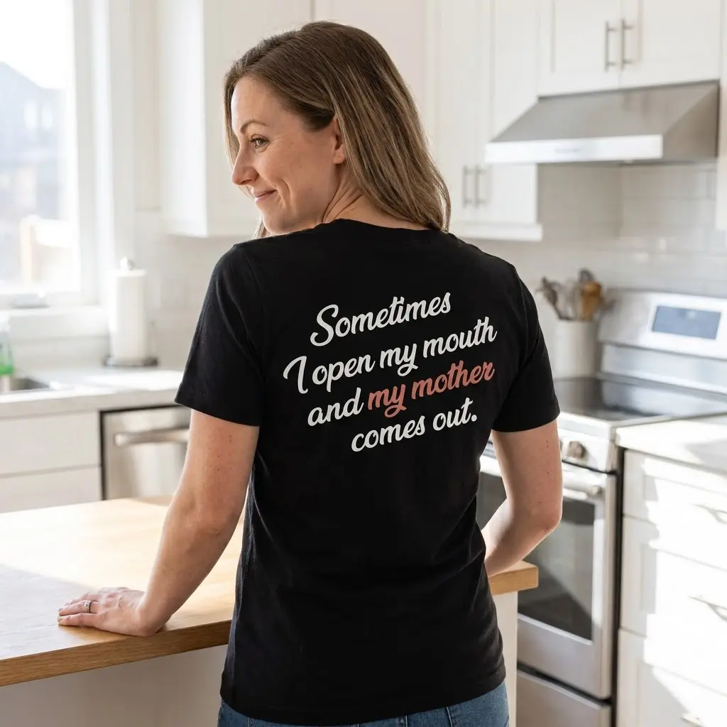 A woman wearing the funny mom quote shirt in a relaxed lifestyle setting, showing off the back graphic.