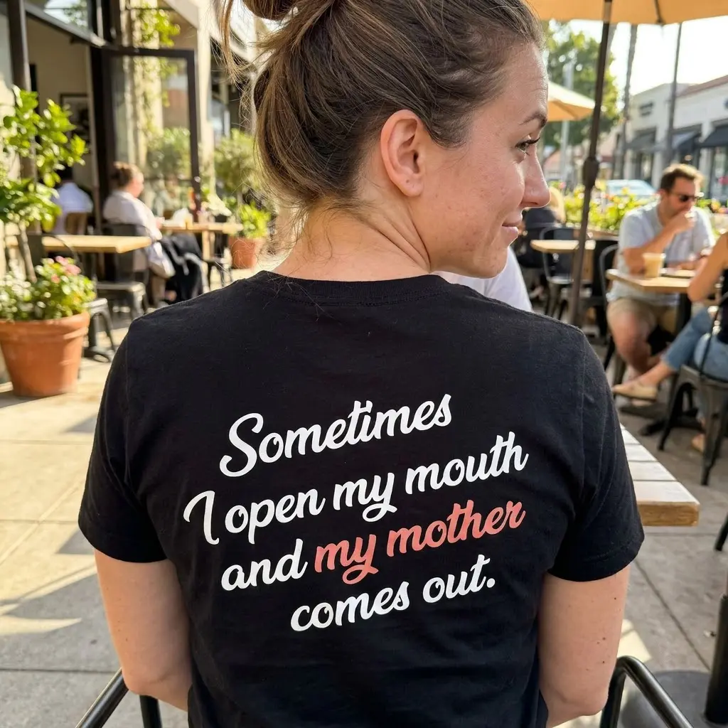 A close-up lifestyle shot of the humorous text printed on the back of the black t-shirt.
