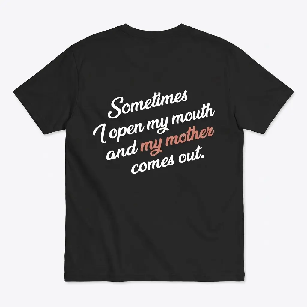 Flat lay of the back of a black t-shirt featuring the funny mom quote shirt design in cursive text.