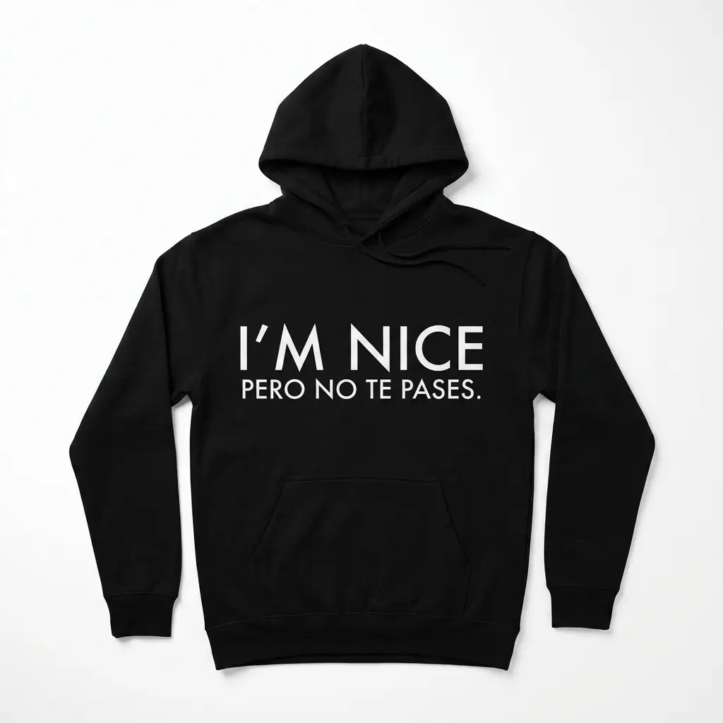 Front view of a black T-shirt featuring 'I'm Nice Pero No Te Pases' text.