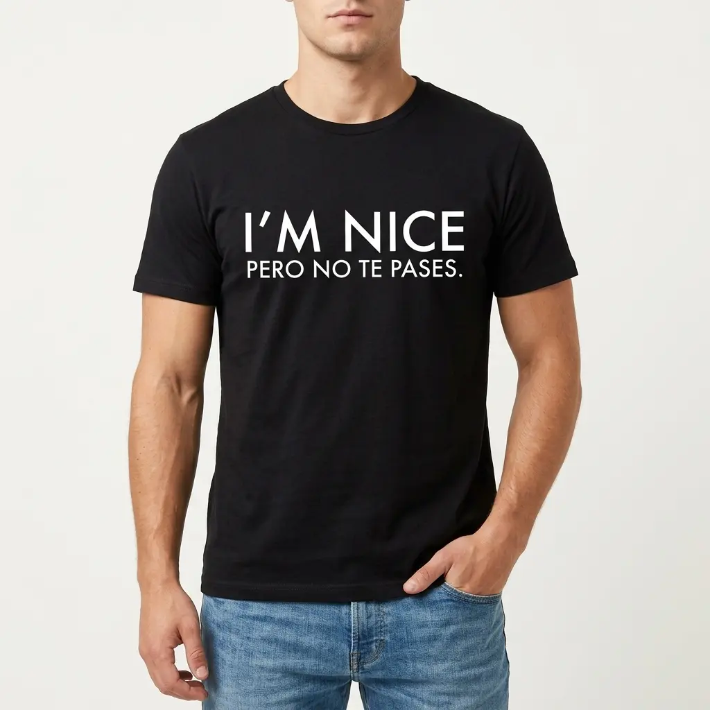 Close-up of the humorous Spanglish text on a black T-shirt.