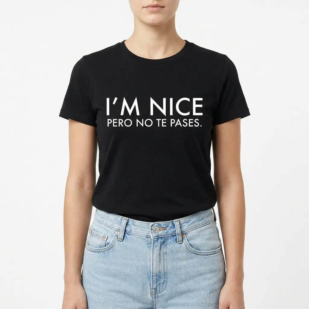 Detailed view of white text 'I'm Nice Pero No Te Pases' on a black T-shirt.