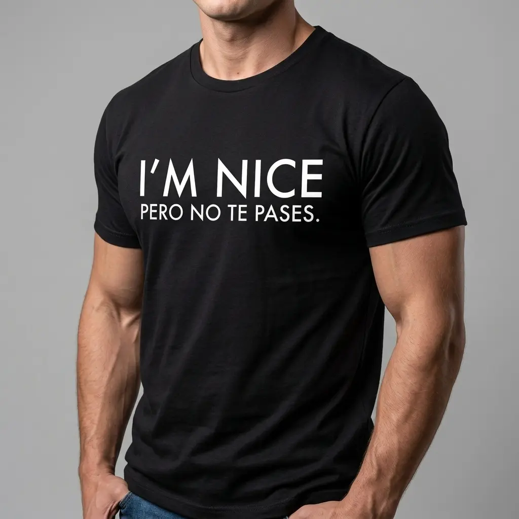 Black shirt displaying the funny text 'I'm Nice Pero No Te Pases' clearly.