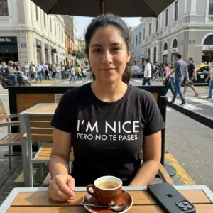 Funny Spanglish I'm Nice Pero No Te Pases T-Shirt 11 Model wearing a black T-shirt with 'I'm Nice Pero No Te Pases' text.
