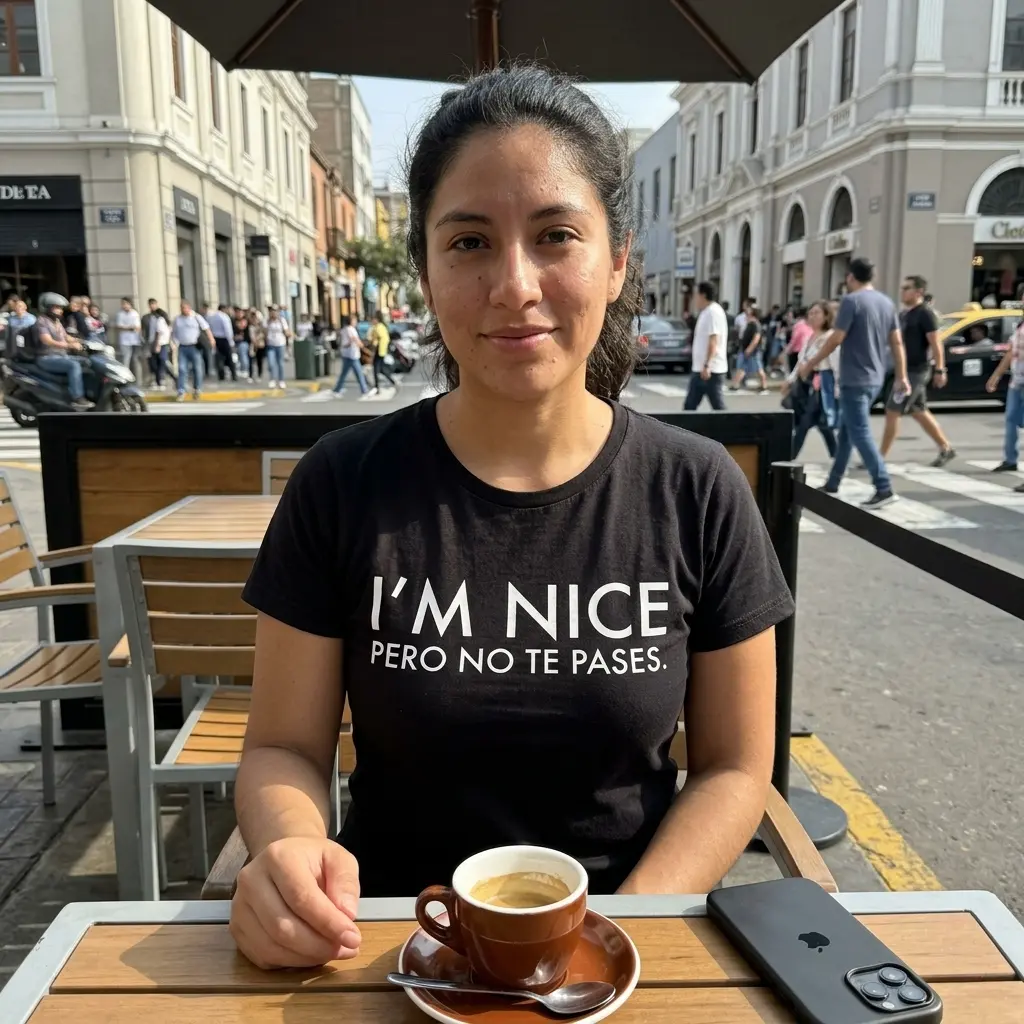 Model wearing a black T-shirt with 'I'm Nice Pero No Te Pases' text.