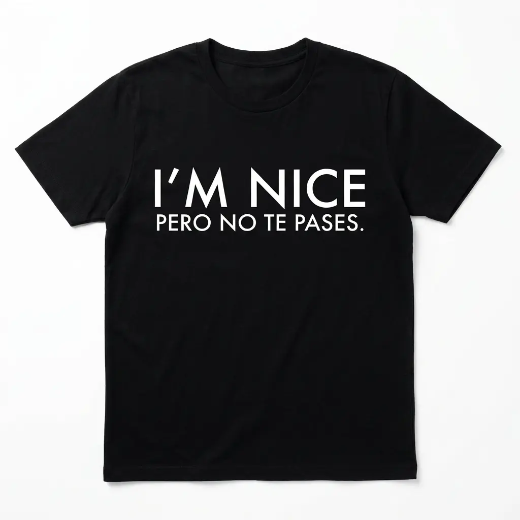Black T-shirt with white text 'I'm Nice Pero No Te Pases' in a bold font.