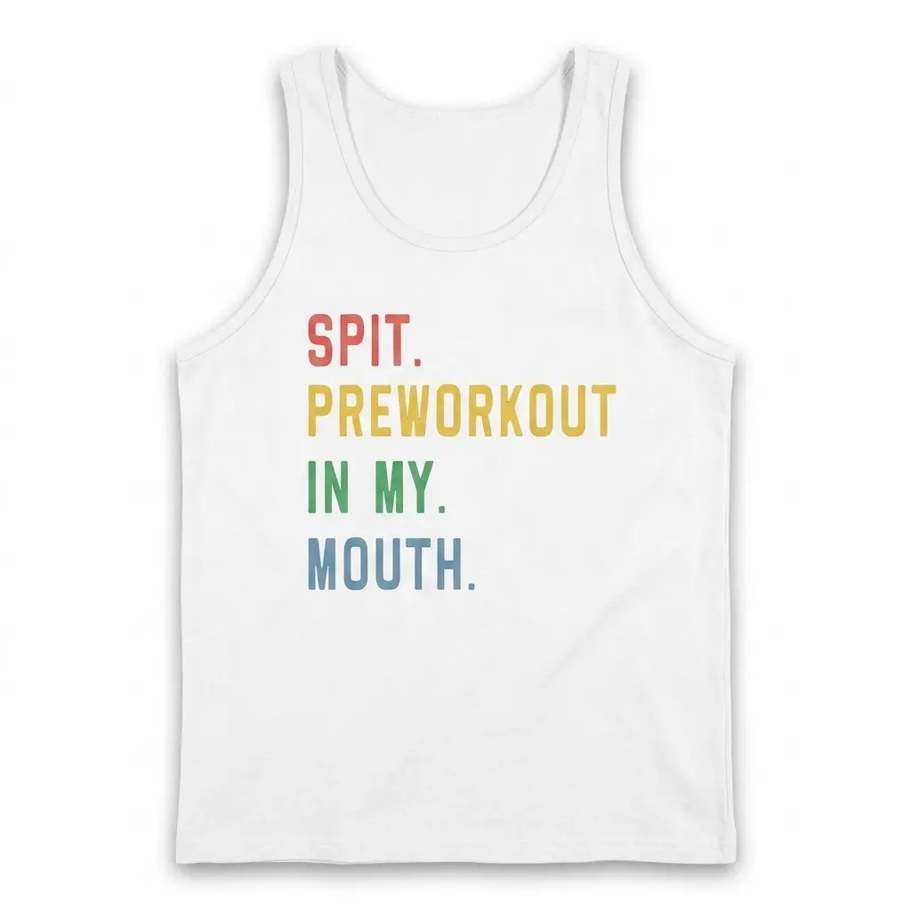 Front flatlay of a tank top with the gym meme graphic SPIT. PREWORKOUT IN MY. MOUTH.