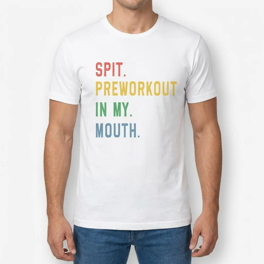 Male model facing forward wearing a t-shirt with the retro text SPIT. PREWORKOUT IN MY. MOUTH.