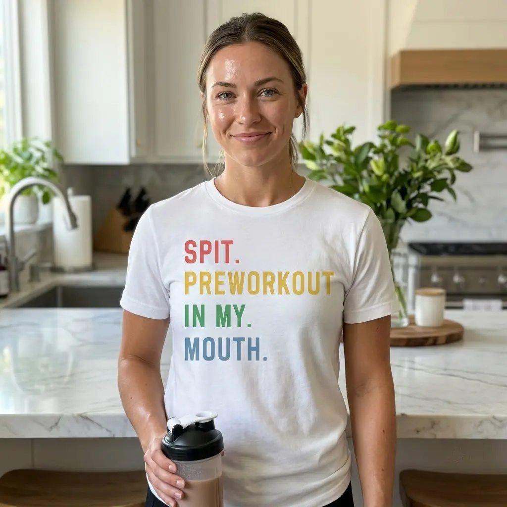 Lifestyle setting displaying the funny preworkout meme shirt design.
