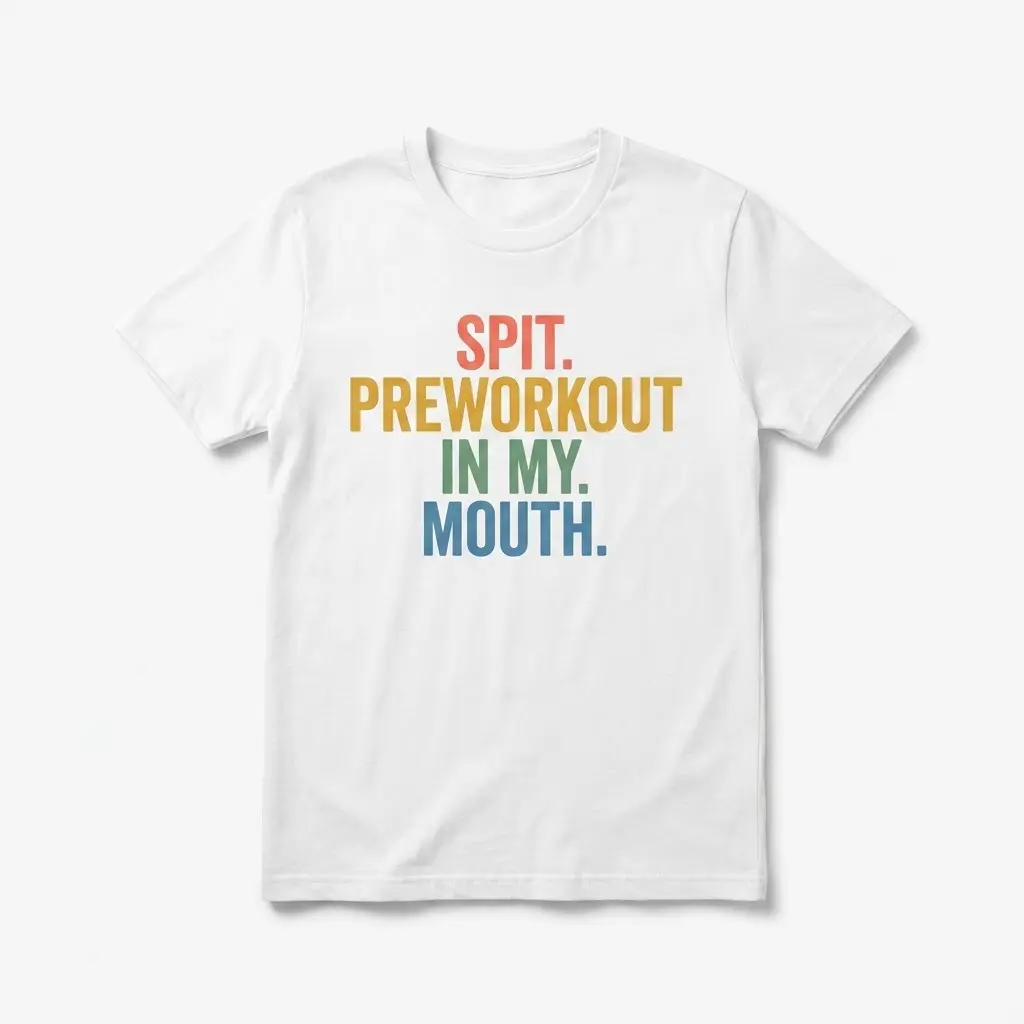 Front flatlay of a white t-shirt featuring the text SPIT. PREWORKOUT IN MY. MOUTH. in colorful block lettering.