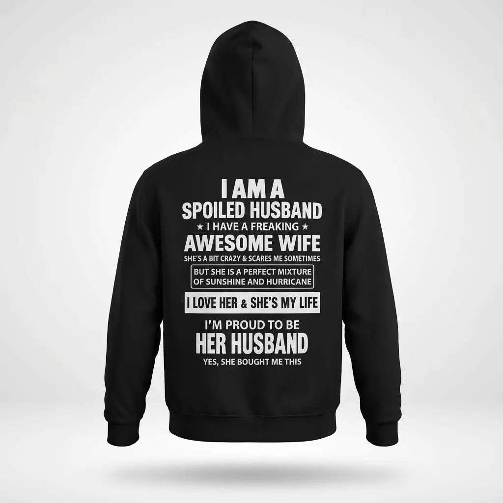 Back flat lay of a black hoodie featuring the humorous white typography about having an awesome, slightly crazy wife.