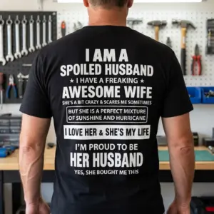 Funny Spoiled Husband Awesome Wife T-Shirt 11 Lifestyle shot highlighting the back print of the funny wife gift shirt with its bold white relationship quotes.
