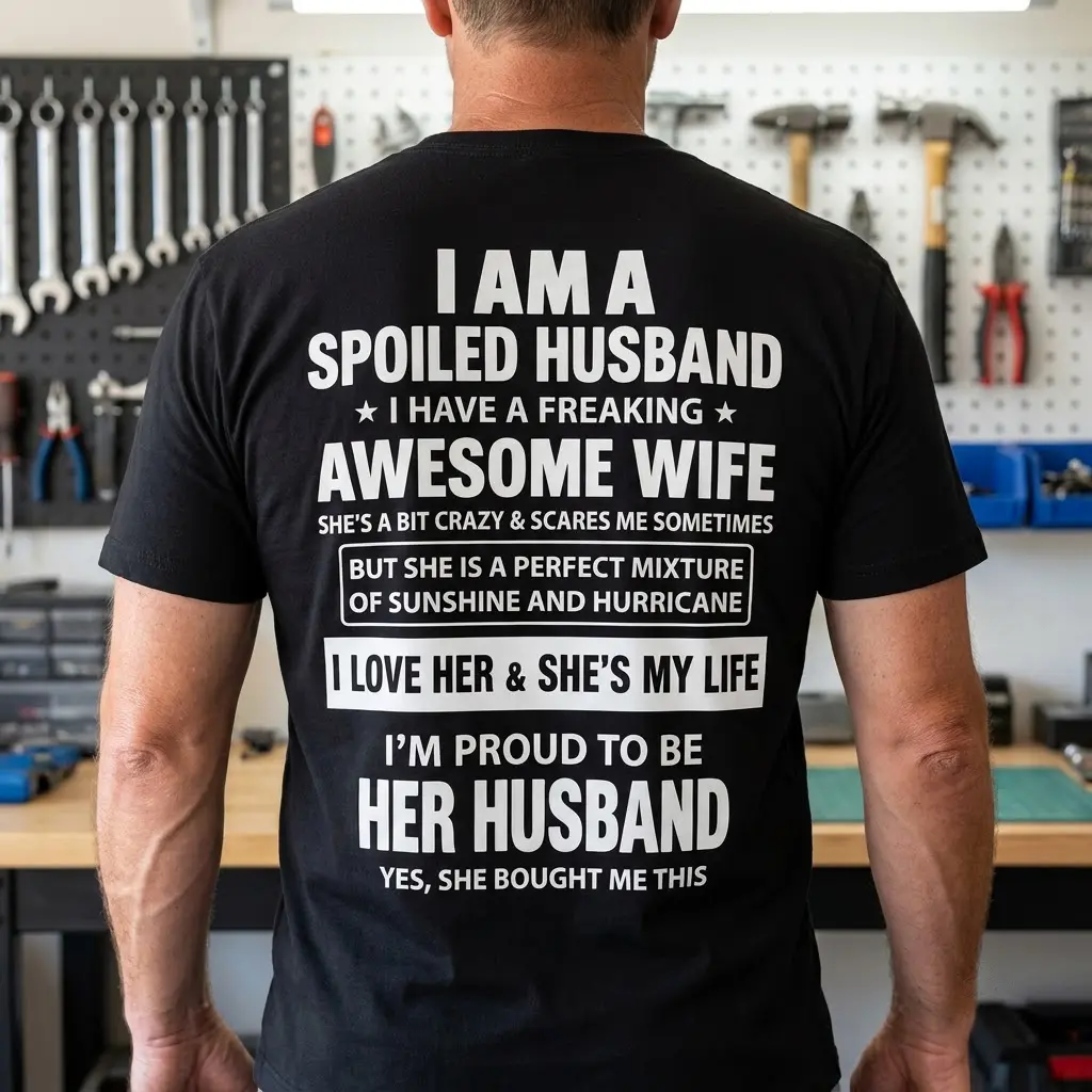 Lifestyle shot highlighting the back print of the funny wife gift shirt with its bold white relationship quotes.