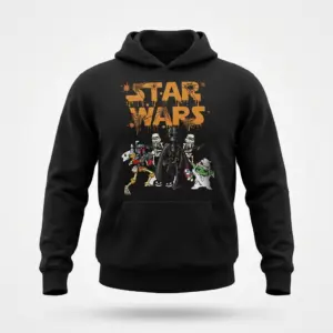 Funny Star Wars Halloween Skeleton Characters T-Shirt 7 Black hoodie flatlay featuring a Star Wars Halloween design with skeleton Darth Vader, Stormtroopers, Boba Fett, and a ghost Yoda.