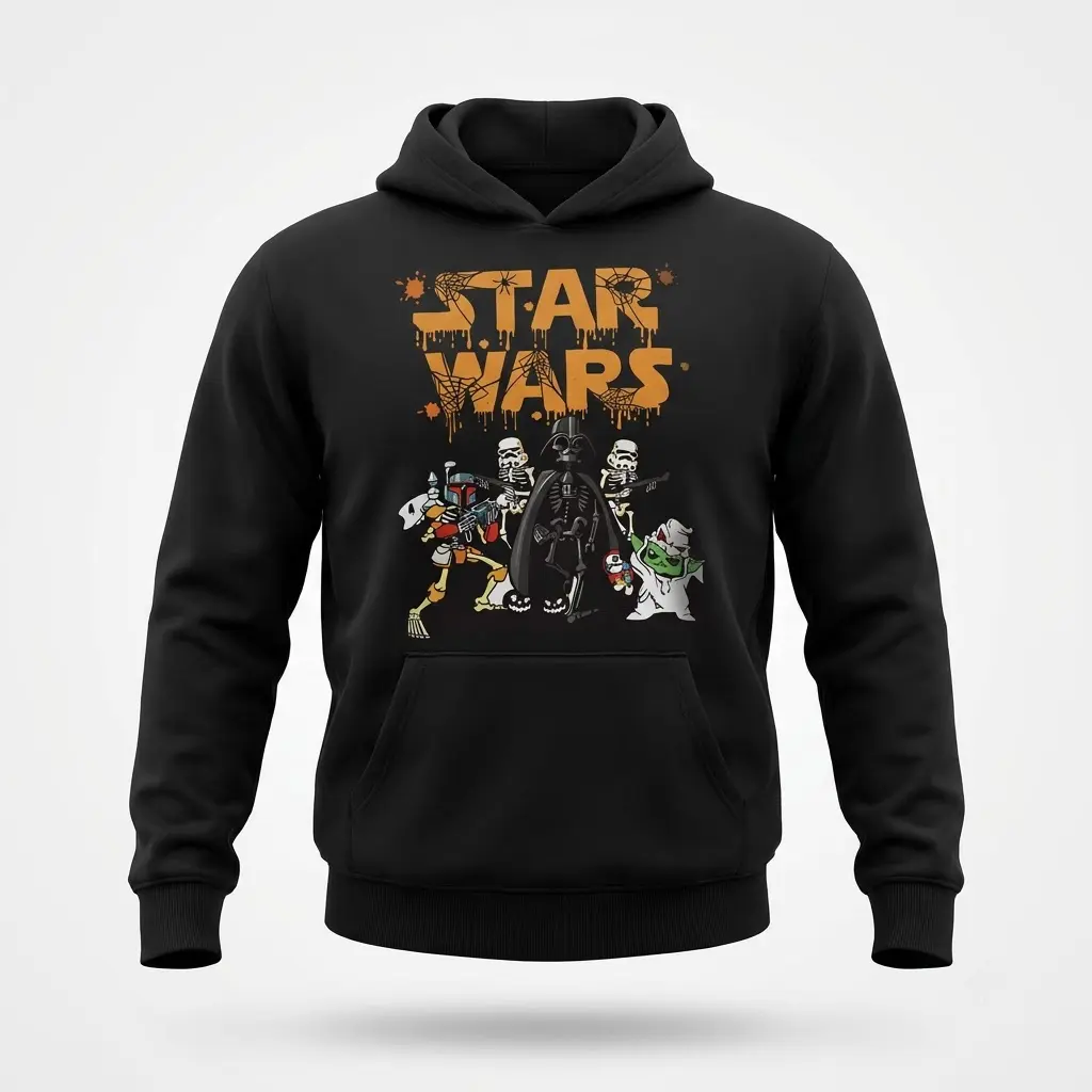 Funny Star Wars Halloween Skeleton Characters T-Shirt 2 Black hoodie flatlay featuring a Star Wars Halloween design with skeleton Darth Vader, Stormtroopers, Boba Fett, and a ghost Yoda.
