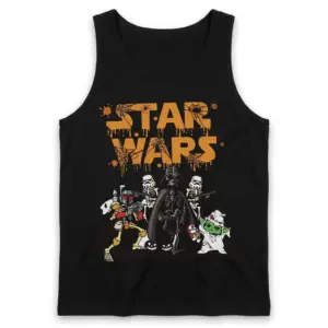 Funny Star Wars Halloween Skeleton Characters T-Shirt 8 Black tank top flatlay showcases a funny Star Wars Halloween design of skeleton characters including Vader and a ghost Yoda.