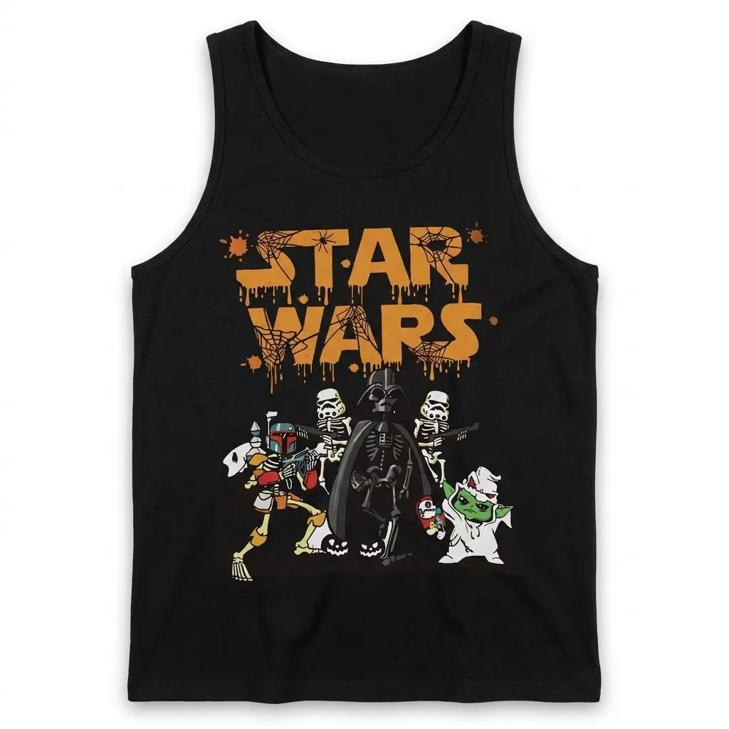 Funny Star Wars Halloween Skeleton Characters T-Shirt 3 Black tank top flatlay showcases a funny Star Wars Halloween design of skeleton characters including Vader and a ghost Yoda.