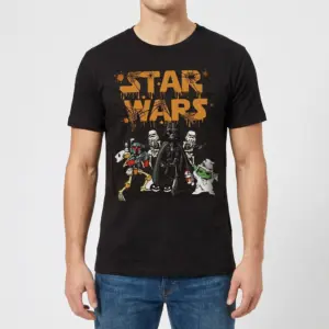 Funny Star Wars Halloween Skeleton Characters T-Shirt 9 A man wearing a black t-shirt featuring a funny Star Wars Halloween design with skeleton Darth Vader, Stormtroopers, Boba Fett, and ghost Yoda.