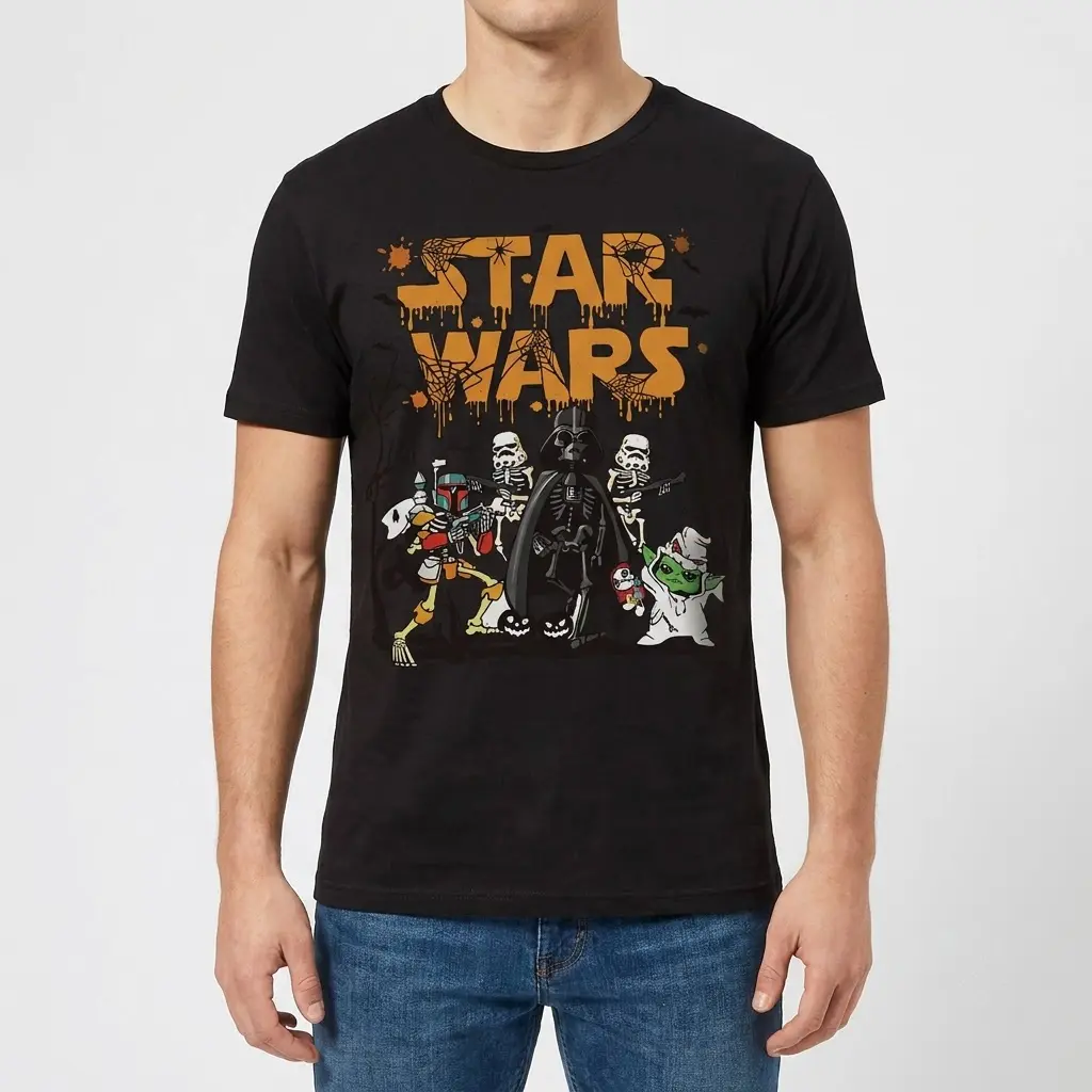 Funny Star Wars Halloween Skeleton Characters T-Shirt 4 A man wearing a black t-shirt featuring a funny Star Wars Halloween design with skeleton Darth Vader, Stormtroopers, Boba Fett, and ghost Yoda.