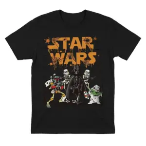 Black t-shirt flatlay displaying a Star Wars Halloween design with skeleton Vader, Stormtroopers, Boba Fett, and ghost Yoda under dripping orange text.