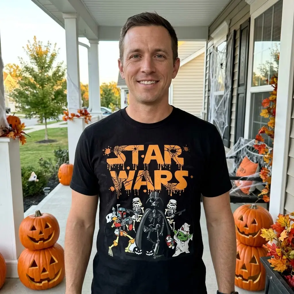 Funny Star Wars Halloween Skeleton Characters T-Shirt 5 A Halloween themed Star Wars design on a t-shirt, showing skeleton versions of Vader, Stormtroopers, Boba Fett, and a ghost Yoda.
